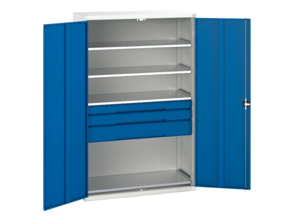 Verso Kitted Cupboard Storage with 4 Shelves, 3 Drawers. WxDxH: 1300X550X2000mm Ral 7035/5010 _SKU-16926655.11