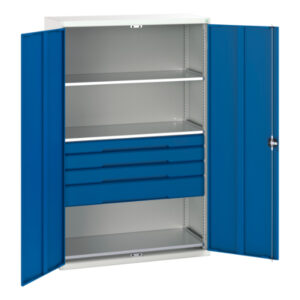 4 Drawer Metal Cupboard Storage - Verso Kitted Cupboard Storage with 3 Shelves, 4 Drawers. WxDxH: 1300X550X2000mm Ral 7035/5010 _SKU-16926656.11