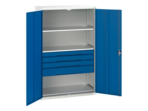 4 Drawer Metal Cupboard Storage - Verso Kitted Cupboard Storage with 3 Shelves, 4 Drawers. WxDxH: 1300X550X2000mm Ral 7035/5010 _SKU-16926656.11