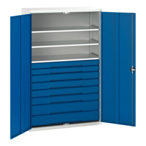 Metal Cupboard Storage with Drawers - Verso Kitted Cupboard Storage with 3 Shelves, 8 Drawers. WxDxH: 1300X550X2000mm Ral 7035/5010 _SKU-16926657.11