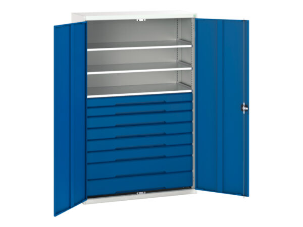 Metal Cupboard Storage with Drawers - Verso Kitted Cupboard Storage with 3 Shelves, 8 Drawers. WxDxH: 1300X550X2000mm Ral 7035/5010 _SKU-16926657.11