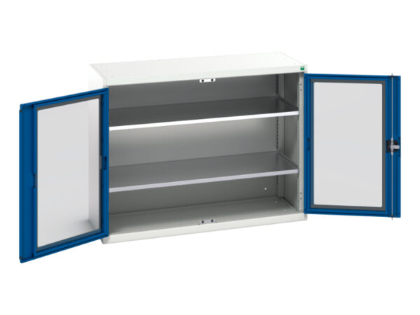 Metal Workshop Cupboard Storage with Windows - Verso Window Door Cupboard Storage with 2 Shelves. WxDxH: 1300X550X1000mm Ral 7035/5010 _SKU-16926662.11