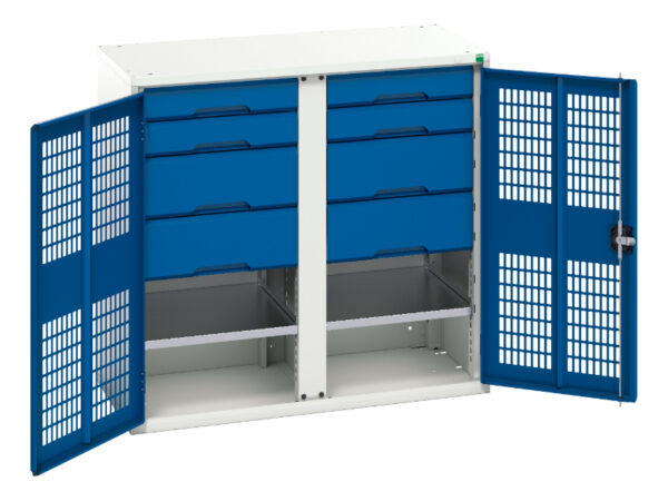 8 Drawer Metal Mesh Storage Cupboard Storage - Verso Ventilated Door Kitted Cupboard Storage with 2 Shelves, 8 Drawers And Partition. WxDxH: 1050X550X1000mm Ral 7035/5010 _SKU-16926765.11