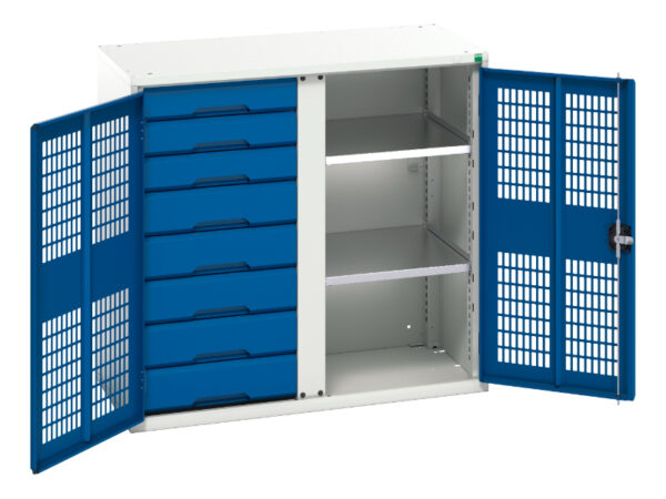 Mesh Door Cupboard Storage with Drawers - Verso Ventilated Door Kitted Cupboard Storage with 2 Shelves, 8 Drawers And Partition. WxDxH: 1050X550X1000mm Ral 7035/5010 _SKU-16926766.11