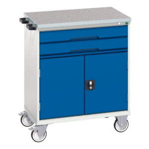 Drawer Mobile Steel Storage Cabinet - Verso Mobile Storage Cabinet with 2 Drawers, Door And Lino Top. WxDxH: 800X600X980mm Ral 7035/5010 _SKU-16927009.11