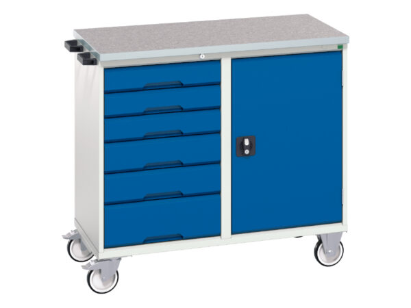 Mobile Work Storage Cabinet - Verso Maintenance Trolley with 6 Drawers, Door And Lino Top. WxDxH: 1050X600X980mm Ral 7035/5010 _SKU-16927123.11