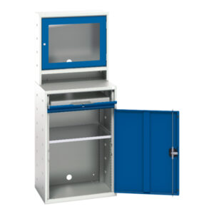 Industrial Computer Storage Cabinet - Verso Computer Cupboard Storage with Screen Cbd, 1 Shelf, 1 Sliding Tray. WxDxH: 650X550X1650mm Ral 7035/5010 _SKU-16928001.11