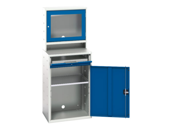 Industrial Computer Storage Cabinet - Verso Computer Cupboard Storage with Screen Cbd, 1 Shelf, 1 Sliding Tray. WxDxH: 650X550X1650mm Ral 7035/5010 _SKU-16928001.11