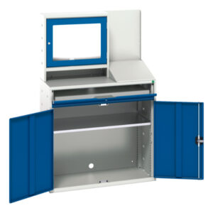 Computer Storage Cabinet with Doors - Verso Computer Cupboard Storage with Screen Cbd, 1 Shelf, 1 Sliding Tray. WxDxH: 1050X550X1650mm Ral 7035/5010 _SKU-16928022.11