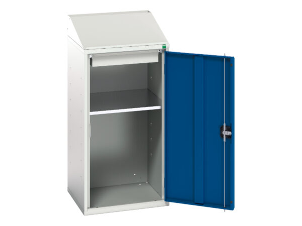 Sloping Top Workstation Cupboard Storage - Verso Economy Lectern with 1 Shelf, 1 Drawer, Lectern. WxDxH: 525X550X1130mm Ral 7035/5010 _SKU-16929024.11