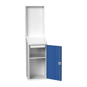Verso Economy Lectern with Backpanel Perfo with 1 Shelf, 1 Drawer. WxDxH: 525X550X2000mm Ral 7035/5010 _SKU-16929025.11
