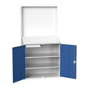 Verso Economy Lectern with Backpanel Plain with 2 Shelves, 1 Drawer. WxDxH: 1050X550X2000mm Ral 7035/5010 _SKU-16929217.11