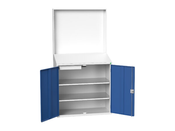 Verso Economy Lectern with Backpanel Plain with 2 Shelves, 1 Drawer. WxDxH: 1050X550X2000mm Ral 7035/5010 _SKU-16929217.11
