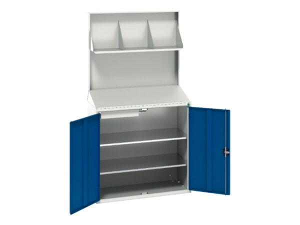 Verso Economy Lectern with Backpanel Plain with File Holder, 2 Shelf, 1 Drw. WxDxH: 1050X550X2000mm Ral 7035/5010 _SKU-16929218.11