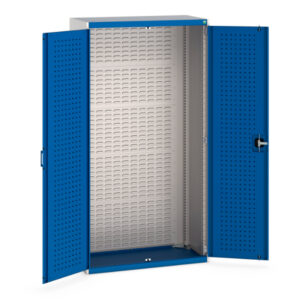 Workshop Steel Cupboard Storage with Tool Pegboard - Cubio Cupboard Storage with Perfo Doors, Full Louvre Backpanel. WxDxH: 1050X525X2000mm Ral 7035/5010 _SKU-40013055.11V