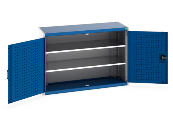 Lockable Metal Storage Cabinet with 2 Shelves - Cubio Cupboard Storage with Perfo Doors And 2 Shelves. WxDxH: 1300X525X900mm Ral 7035/5010 _SKU-40014066.11V