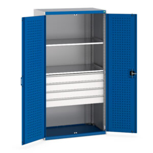 Cupboard Storage for Workshop - Cubio Cupboard Storage with Perfo Doors And 4 Drawers, 2 Shelves. WxDxH: 1050X650X2000mm Ral 7035/5010 _SKU-40021108.11V
