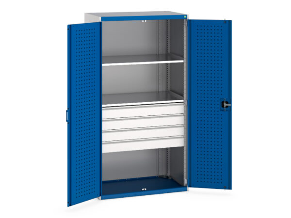 Cupboard Storage for Workshop - Cubio Cupboard Storage with Perfo Doors And 4 Drawers, 2 Shelves. WxDxH: 1050X650X2000mm Ral 7035/5010 _SKU-40021108.11V