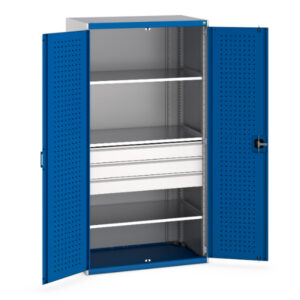 Bott Workplace Cubio Cupboard Storage - with Perfo Doors And 3 Drawers, 3 Shelves. WxDxH: 1050X650X2000mm Ral 7035/5010 _SKU-40021109.11V