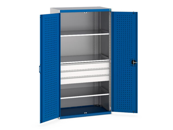 Bott Workplace Cubio Cupboard Storage - with Perfo Doors And 3 Drawers, 3 Shelves. WxDxH: 1050X650X2000mm Ral 7035/5010 _SKU-40021109.11V