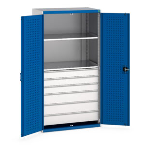 Workshop Tool Cupboard Storage with Drawers - with Perfo Doors And 6 Drawers, 2 Shelves. WxDxH: 1050X650X2000mm Ral 7035/5010 _SKU-40021113.11V