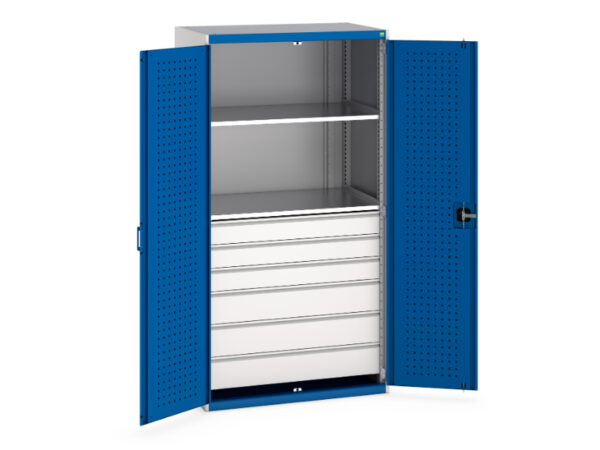 Workshop Tool Cupboard Storage with Drawers - with Perfo Doors And 6 Drawers, 2 Shelves. WxDxH: 1050X650X2000mm Ral 7035/5010 _SKU-40021113.11V