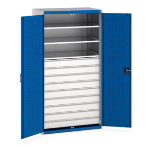 Bott Industrial Cupboard Storage - Cubio Cupboard Storage with Perfo Doors And 9 Drawers, 3 Shelves. WxDxH: 1050X650X2000mm Ral 7035/5010 _SKU-40021114.11V