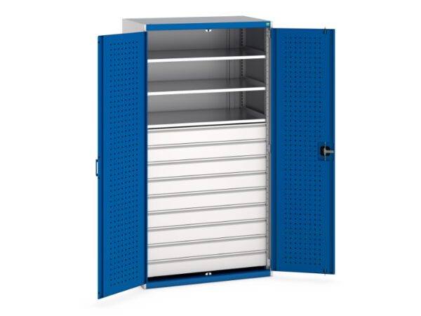 Bott Industrial Cupboard Storage - Cubio Cupboard Storage with Perfo Doors And 9 Drawers, 3 Shelves. WxDxH: 1050X650X2000mm Ral 7035/5010 _SKU-40021114.11V