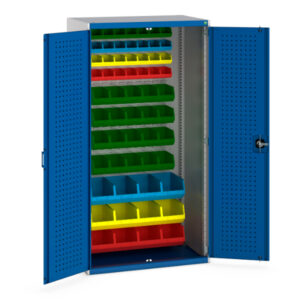 Industrial Metal Storage Cabinets - Cubio Cupboard Storage with Perfo Doors, Louvre Back, 60 Bins. WxDxH: 1050X650X2000mm Ral 7035/5010 _SKU-40021117.11V