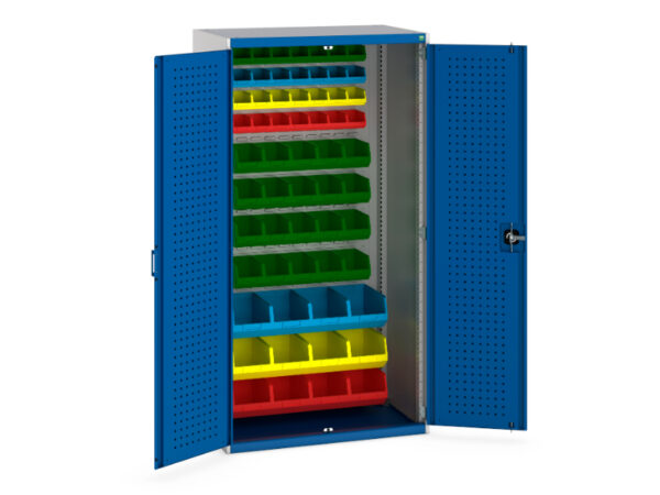 Industrial Metal Storage Cabinets - Cubio Cupboard Storage with Perfo Doors, Louvre Back, 60 Bins. WxDxH: 1050X650X2000mm Ral 7035/5010 _SKU-40021117.11V