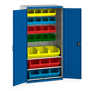 Workshop Metal Storage Cupboard Storages - Cubio Cupboard Storage Perfo Doors Louvre Back 3 Shelves 25 Bin. WxDxH: 1050X650X2000mm Ral 7035/5010 _SKU-40021118.11V