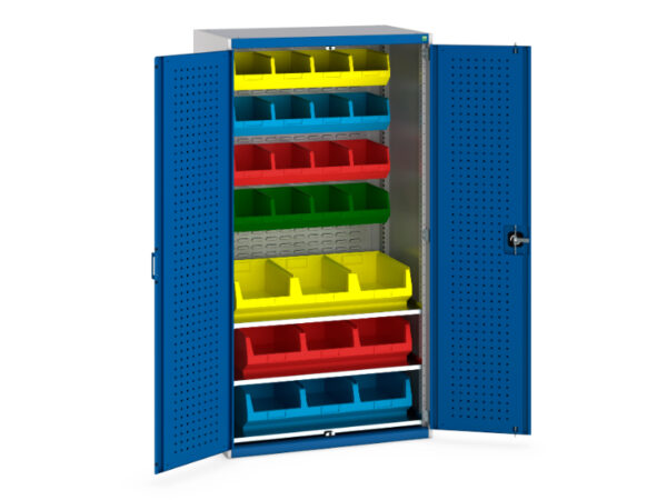 Workshop Metal Storage Cupboard Storages - Cubio Cupboard Storage Perfo Doors Louvre Back 3 Shelves 25 Bin. WxDxH: 1050X650X2000mm Ral 7035/5010 _SKU-40021118.11V