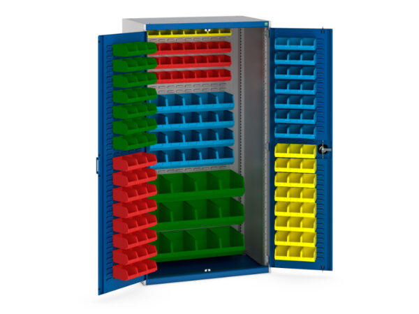 Metal Storage Cabinets with Part Storage Bins - Cubio Cupboard Storage Louvre Doors Louvre Backpanel And 150 Bins. WxDxH: 1050X650X2000mm Ral 7035/5010 _SKU-40021129.11V