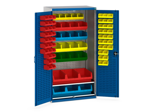 Heavy Duty Workplace Storage Cabinets with Part Bins - Cubio Cupboard Storage Louvre Door Louvre Back 2 Shelves 81 Bin. WxDxH: 1050X650X2000mm Ral 7035/5010 _SKU-40021130.11V