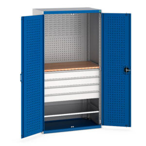 Mini Workshop Cupboard Storage with Drawers - Perfo Doors Mini Workshop 1 Shelf 4 Drws. WxDxH: 1050X650X2000mm Ral 7035/5010 _SKU-40021160.11V