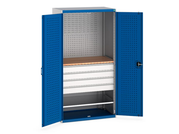 Mini Workshop Cupboard Storage with Drawers - Perfo Doors Mini Workshop 1 Shelf 4 Drws. WxDxH: 1050X650X2000mm Ral 7035/5010 _SKU-40021160.11V