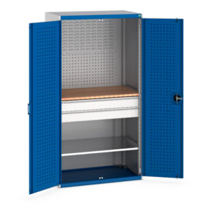 Mini Workshop Tool Cupboard Storage - Cubio Cupboard Storage Perfo Doors Mini Workshop 1 Shelf 2 Drws. WxDxH: 1050X650X2000mm Ral 7035/5010 _SKU-40021162.11V