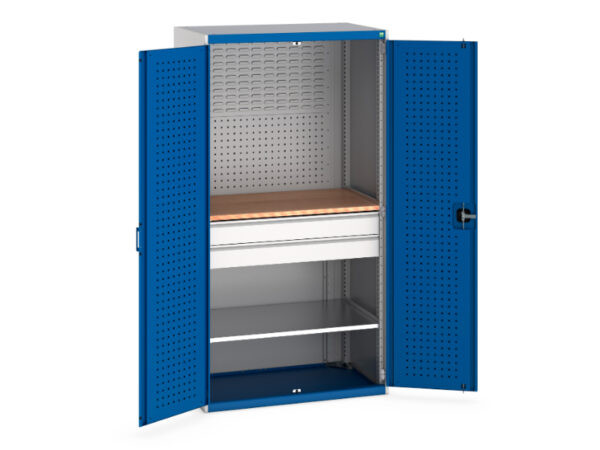 Mini Workshop Tool Cupboard Storage - Cubio Cupboard Storage Perfo Doors Mini Workshop 1 Shelf 2 Drws. WxDxH: 1050X650X2000mm Ral 7035/5010 _SKU-40021162.11V