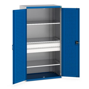 Metal Workshop Cupboard Storages - Cubio Cupboard Storage with Perfo Doors, 3 Shelves, 2 Drawers. WxDxH: 1050X650X2000mm Ral 7035/5010 _SKU-40021169.11V