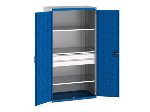 Metal Workshop Cupboard Storages - Cubio Cupboard Storage with Perfo Doors, 3 Shelves, 2 Drawers. WxDxH: 1050X650X2000mm Ral 7035/5010 _SKU-40021169.11V