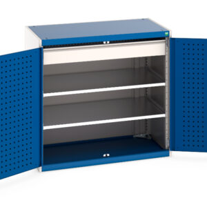 Industrial Metal Cupboard Storages - Cubio Cupboard Storage with Perfo Doors, 2 Shelves, 1 Drawer. WxDxH: 1050X650X1000mm Ral 7035/5010 _SKU-40021201.11V