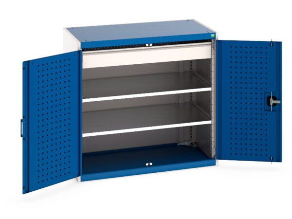 Industrial Metal Cupboard Storages - Cubio Cupboard Storage with Perfo Doors, 2 Shelves, 1 Drawer. WxDxH: 1050X650X1000mm Ral 7035/5010 _SKU-40021201.11V