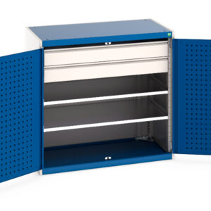 Workshop Metal Storage Cupboard Storages - with Perfo Doors, 2 Shelves, 2 Drawers. WxDxH: 1050X650X1000mm Ral 7035/5010 _SKU-40021202.11V