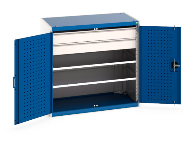 Workshop Metal Storage Cupboard Storages - with Perfo Doors, 2 Shelves, 2 Drawers. WxDxH: 1050X650X1000mm Ral 7035/5010 _SKU-40021202.11V
