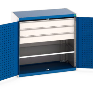 Steel Workshop Cupboard Storages - Cubio Cupboard Storage with Perfo Doors, 1 Shelf, 3 Drawers. WxDxH: 1050X650X1000mm Ral 7035/5010 _SKU-40021203.11V