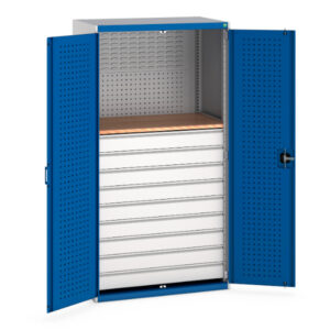 Industrial Tall Cupboard Storage with Doors - Perfo Doors Mini Workshop, 9 Drawers. WxDxH: 1050X650X2000mm Ral 7035/5010 _SKU-40021204.11V