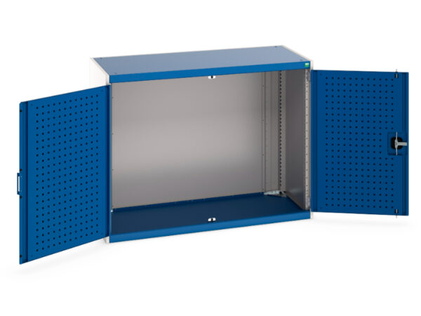 Cupboard Storage with Tool Pegboard Doors - Cubio Cupboard Storage with Perfo Doors. WxDxH: 1300X650X1000mm Ral 7035/5010 _SKU-40022013.11V