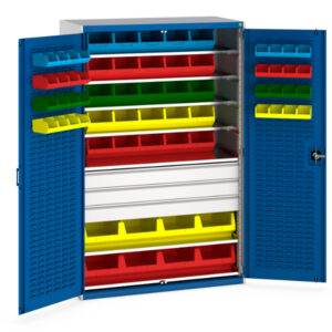 Bott Cubio Cupboard Storage with Lourve Doors - 7 Shelves 3 Drw, 65 Bins. WxDxH: 1300X650X2000mm Ral 7035/5010 _SKU-40022057.11V