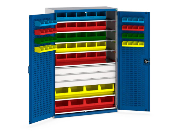 Bott Cubio Cupboard Storage with Lourve Doors - 7 Shelves 3 Drw, 65 Bins. WxDxH: 1300X650X2000mm Ral 7035/5010 _SKU-40022057.11V