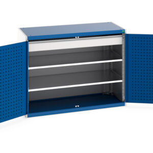 Industrial Storage Cupboard Storages - Cubio Cupboard Storage with Perfo Doors, 2 Shelves, 1 Drawer. WxDxH: 1300X650X1000mm Ral 7035/5010 _SKU-40022083.11V
